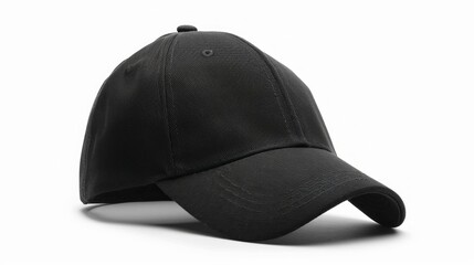 black baseball cap sits on a white background, its brim curved slightly upward, creating a subtle shadow. The cap's fabric is smooth, highlighting its simple design.