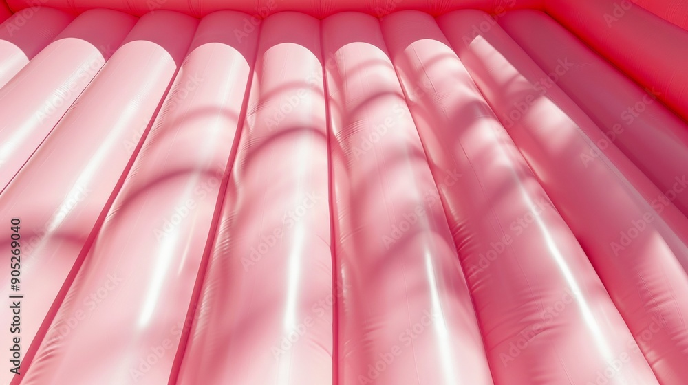 Poster vibrant pink inflatable surface with soft beams of light, minimalist composition capturing playful a