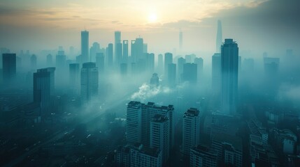 Aerial view of a modern city covered in thick fog and smoke, urban pollution, skyscrapers emerge from the dense mist, environmental issues, urbanization, and the effects of global warming