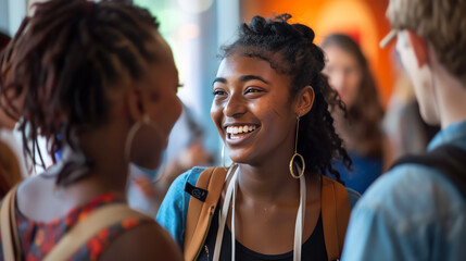 Fototapeta premium A joyful gathering of diverse young adults engaging in friendly conversation and laughter at a vibrant social event.