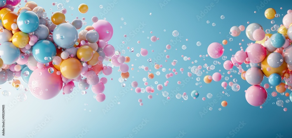 Poster colorful spheres float gracefully in a vibrant blue background, creating a playful and dynamic visua