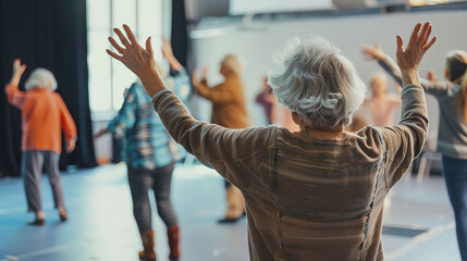 Diverse group of senior adults engaging in an energetic dance class in a community center, promoting health and wellness.