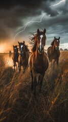 Fototapeta premium Horses Running Through Field With Lightning