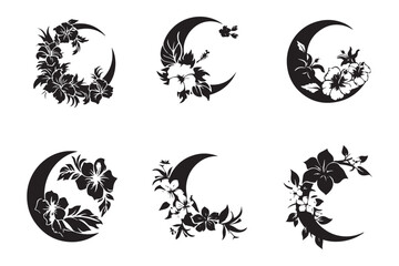 Crescent moon with flowers. Celestial illustration