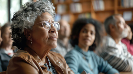 Fototapeta premium Elderly woman attentively attending a seminar or class in a library, showcasing lifelong learning and community involvement.