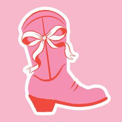 Cowboy pink boot with bow, cowgirl trendy sticker hand drawn sketch doodle