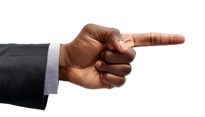 Businessman's hand pointing right, gesture of direction, isolated on white background, close-up view.