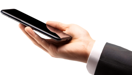 Close-up of a hand holding a modern smartphone, isolated on a white background. Ideal for business, communication, and technology concepts.