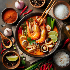 Tom Yum Goong is a central Thai dish of the Tom Yum type, which is popular in all regions of Thailand. It is a dish eaten with rice, with a sour and spicy main flavor mixed with a little saltiness and