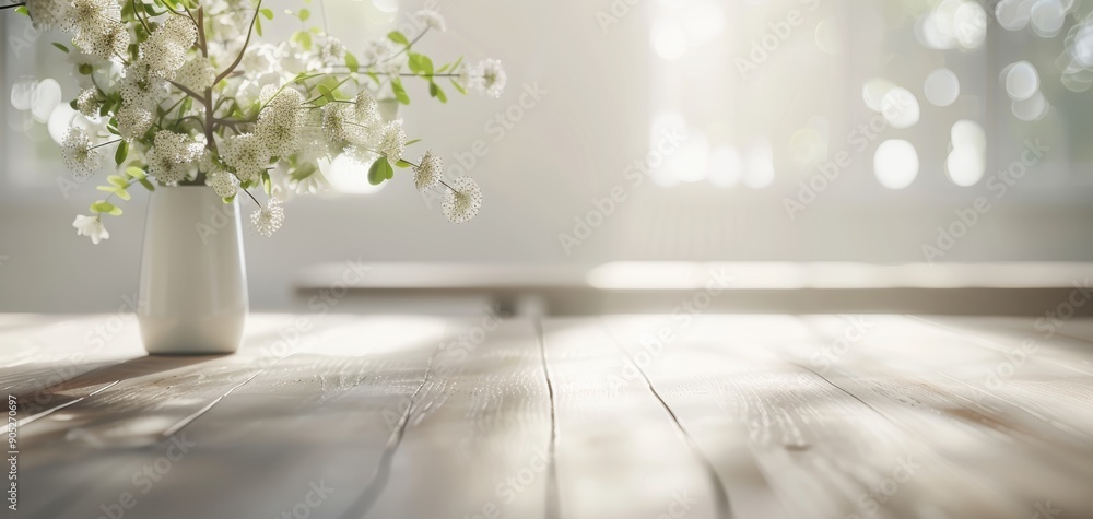 Aufkleber A beautiful vase of flowers on a wooden table illuminated by soft, natural light, creating a serene and inviting atmosphere.