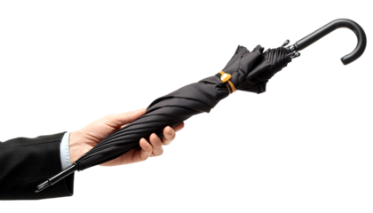Hand holding a closed black umbrella with a curved handle, depicting protection and preparedness. Isolated on white background.