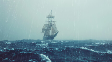 Obraz premium A lone sailing ship navigates through rough and stormy seas, battling the intense elements with a steadfast determination.
