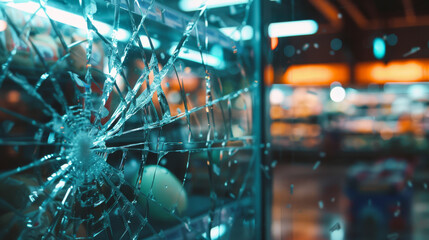 Another view of shattered glass with clear cracks and bokeh lights in the background, emphasizing the intricate damage and reflection.