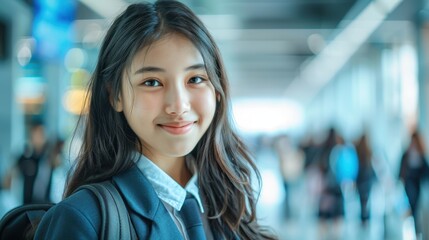 Young academic thriving in urban university life, young Asian woman in a bustling university corridor