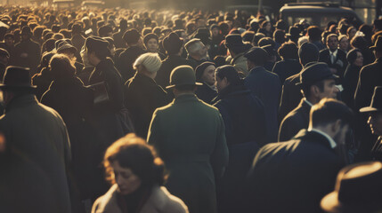Obraz premium A crowded scene with people in vintage attire, capturing a busy moment in history with a warm, nostalgic tone.