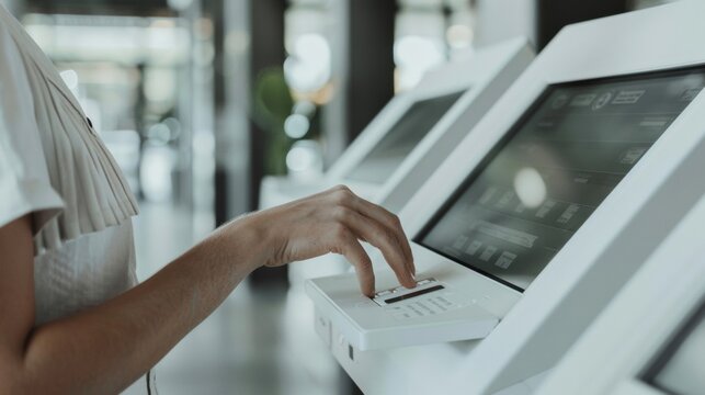 Adult Woman with Medium Skin Tone Using Digital Voting Kiosk at Modern Polling Station - Emphasizing Technology Integration in Election Process - Daytime Voting Scene, Raw Style