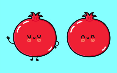 Pomegranate fruit character. Vector hand drawn cartoon kawaii character illustration icon. Isolated on blue background. Pomegranate fruit character concept