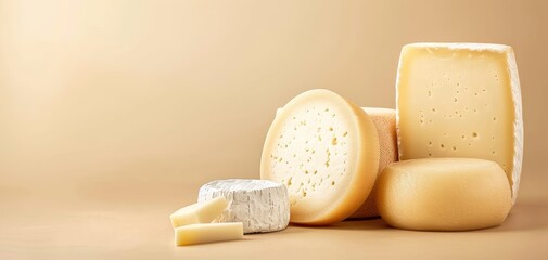 A variety of cheese types arranged aesthetically on a neutral background, highlighting their textures and colors.