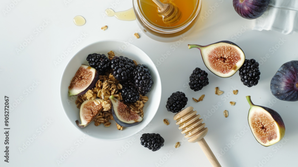 Sticker A carefully arranged bowl of granola with figs and blackberries, paired with honey, on a white background, exuding simplicity and elegance.