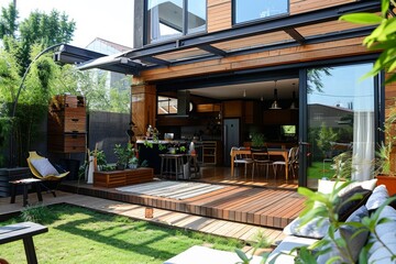A view of a modern patio with sliding glass doors that open to a stylish kitchen inside the home
