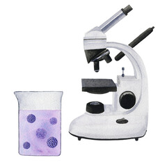 Watercolor microscope and flask with liquid and viruses. Hand drawn illustration isolated on white background for design, logos, cards, business