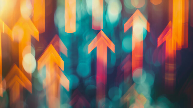 Vibrant arrows shoot upwards through a colorful, illuminated bokeh backdrop, symbolizing progress and energy.