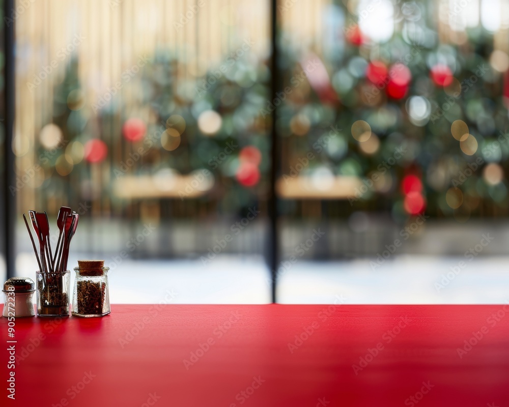 Poster Fresh and Vibrant Dining Scene with Soft Red Table Surface for Product Display, Featuring Essential Utensils and Seasoning Jars in Natural Sunlight