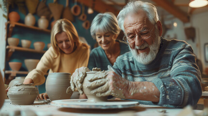 Three people enjoying a pottery class, shaping clay on a wheel. Focus on creativity, craftsmanship, and artistic skill in a cozy studio setting.