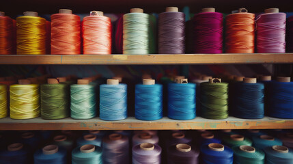 A collection of multi-colored thread spools neatly arranged on two rows of wooden shelves in a textile workspace.
