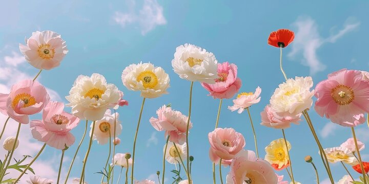 Springtime Blossoms Low Angle of Light Pink and White Peonies with Poppies Against Blue Sky in Unsplash Style