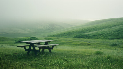 A misty, serene field with a wooden picnic table, surrounded by gentle green hills fading into the foggy horizon.