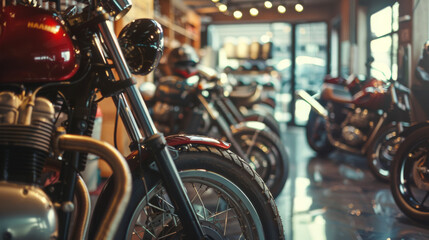 A close-up of a classic motorcycle in a shop with other motorcycles and equipment visible in the blurred background.