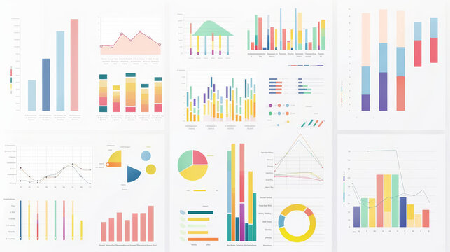 A diverse set of colorful charts and graphs, showcasing various trends, comparisons, and data insights on white backgrounds.