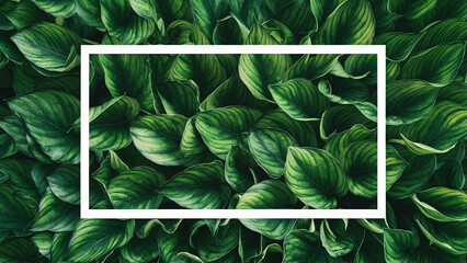 Lush Green Leaves with White Rectangular Frame, Creative Layout for Nature-Themed Advertising and Invitations, Fresh and Vibrant Foliage Flat Lay Background