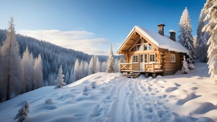 A picturesque winter landscape with a small wooden cabin adorned with Christmas lights, surrounded by a snow-covered forest and a clear blue sky. 