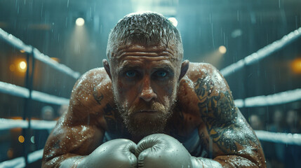 boxer, drenched in sweat, leans forward in the ring, his eyes fixed on the camera.