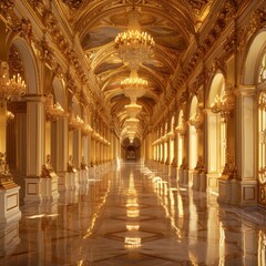 Grand Palace Corridor with Statues and Chandeliers, Exuding an Aura of Opulence and Elegance in Gold
