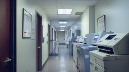 A well-lit office hallway with a row of printers and copiers against pristine white walls, suggesting a focus on efficiency and modernity in a professional environment.