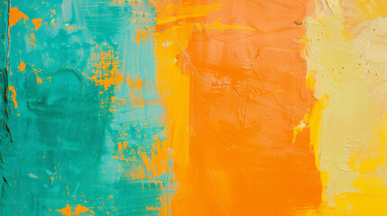 Naklejka premium Close-up of vibrant abstract art with bold, textured strokes of turquoise, orange, and yellow, conveying a lively and dynamic energy.