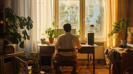 A cozy home office bathed in warm, golden sunlight, featuring a person sitting at a desk surrounded by lush green plants and organized workspace.