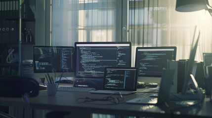 Modern workspace featuring multiple monitors displaying codes, epitomizing a tech-savvy environment bathed in natural light.