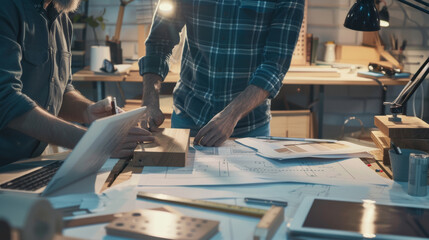 Hands of two craftsmen working on detailed project plans, surrounded by various woodworking tools in a workshop.
