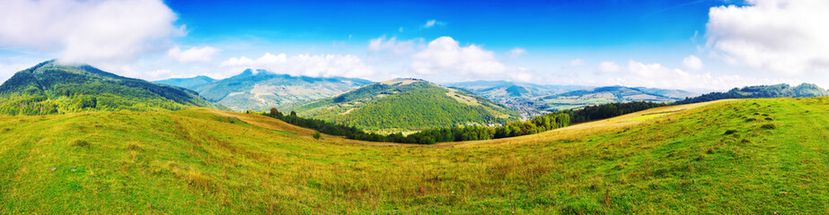 Obraz premium panorama of beautiful countryside of ukraine. sunny forenoon. wonderful autumn landscape in mountains. grassy field and rolling hills. rural scenery