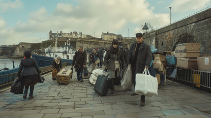A group of people carrying bags and boxes walk along a cobblestone path by a historical waterfront under a cloudy sky.