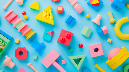 A vibrant assortment of geometric toys and shapes scattered on a blue surface, forming a playful mosaic.