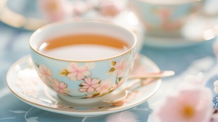 Elegant Porcelain Tea Cup with Floral Design Filled with Freshly Brewed Tea on Saucer in Natural Lighting