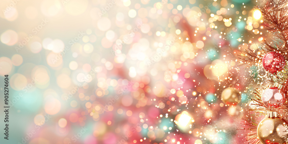 Poster festive christmas background with multicolored pine tree and sparkling decorations, creating a warm 