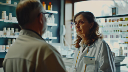 Obraz premium A focused pharmacist conversing with a customer inside a well-stocked pharmacy, surrounded by medicine shelves.