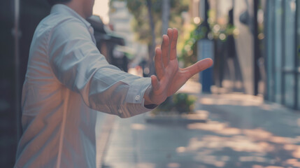A person in a white shirt extends their hand in a stop gesture amidst a blurred urban background, indicating a moment of caution or halt.
