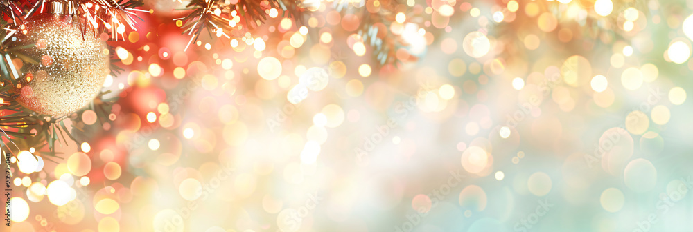 Poster festive christmas background with multicolored pine tree and sparkling decorations, creating a warm 